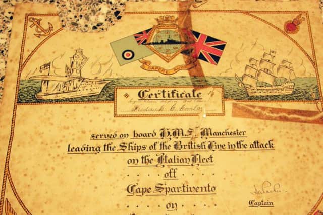The certificate made up by the crew of HMS Manchester for RAF pilots but given to all the ships company.