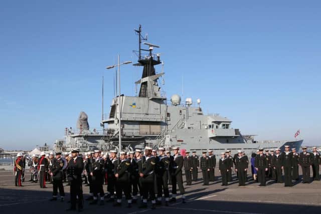 HMS Severn ship's company, Royal Marines Band and Guards of Honour in front of HMS Severn 
Picture: Habibur Rahman (171478-011)