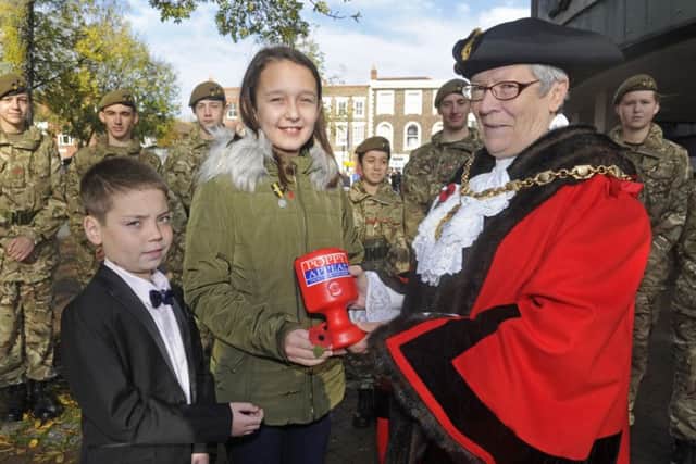 Gosport's mayor, Councillor Linda Batty, with Ronnie Hazlie, 10, who is the Gosport young citizen of the year and Katelynn Gee, 16, whose father is in the Royal Navy
Picture: Ian Hargreaves (171245-1)
