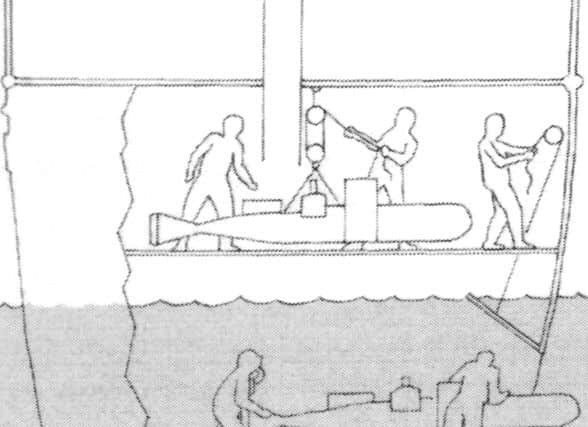 Diagram of the inside of the hull of an Italian ship showing how human torpedoes were launched underwater