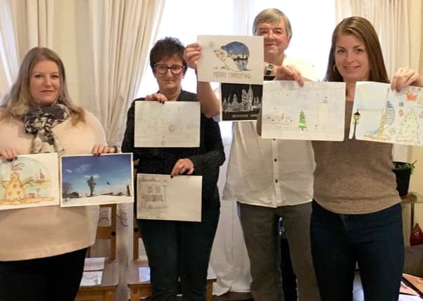 Christmas card judges, from left: Cllr Donna Jones, Leader of Portsmouth City Council; Jan Tribe, Team Leader of SSJ supported housing property 1 Foster Road; Adrian Hillard, a Trustee of SSJ and Jo Buckley, resident of 1 Foster Road