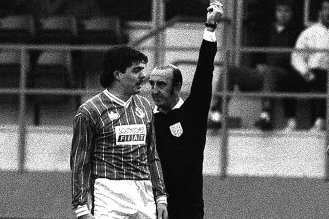 Pompey striker Mick Quinn is sent off by referee John Key at the start of the second half of the 1988 FA Cup sixth-round match against Luton at Kenilworth Road