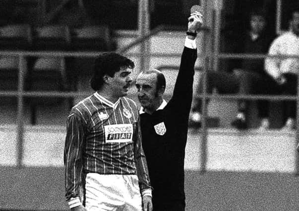 Pompey striker Mick Quinn is sent off by referee John Key at the start of the second half of the 1988 FA Cup sixth-round match against Luton at Kenilworth Road