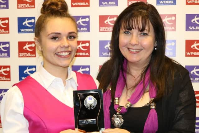 Chloe Knight and Mandy Fisher, president of World Ladies Billiards and Snooker