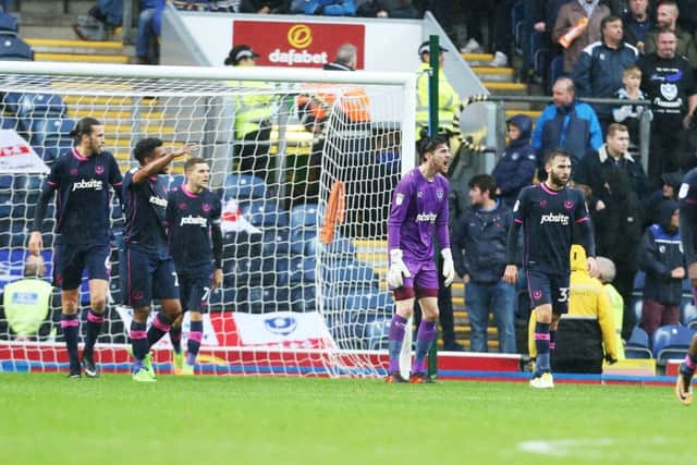 Pompey concede their third goal in the 3-0 defeat to Blackburn Rovers. Picture: Joe Pepler