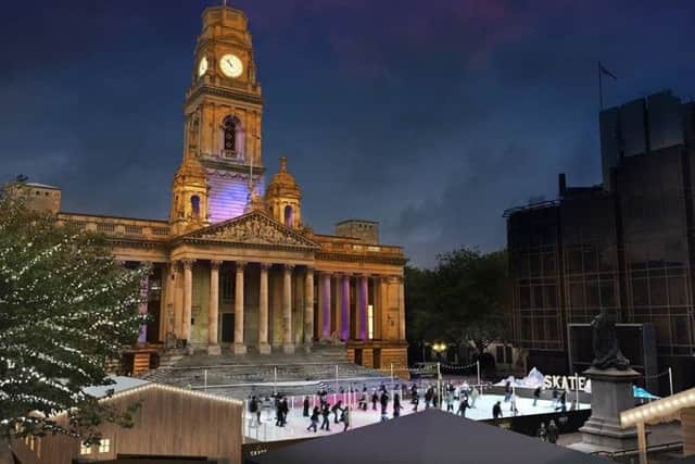 A computer generated image of the Skate Portsmouth ice rink in Guildhall Square