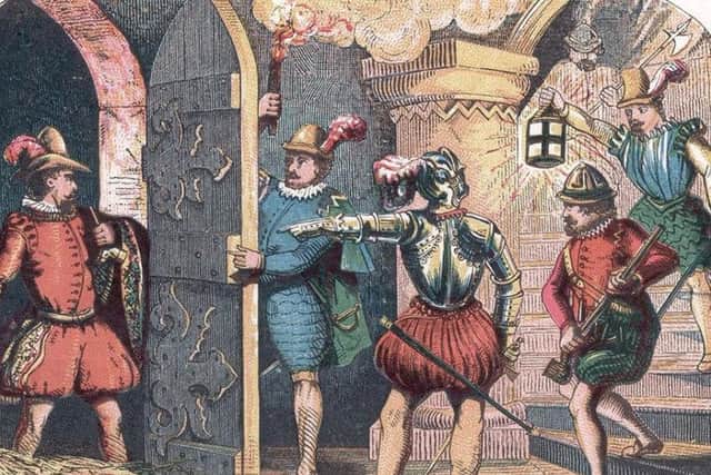 This drawing depicts the moment when gunpowder plotter Guy Fawkes was discovered in the cellars of the Houses of Parliament alongside a secret store of explosives