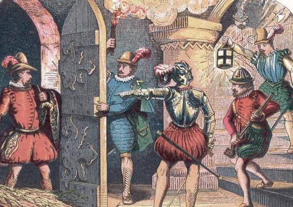 This drawing depicts the moment when gunpowder plotter Guy Fawkes was discovered in the cellars of the Houses of Parliament alongside a secret store of explosives