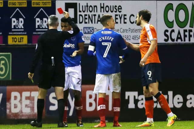 Nathan Thompson is shown the red card. Picture: Joe Pepler