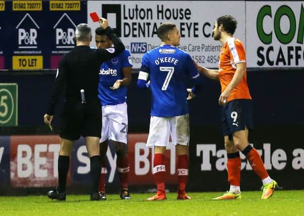 Nathan Thompson is shown the red card. Picture: Joe Pepler