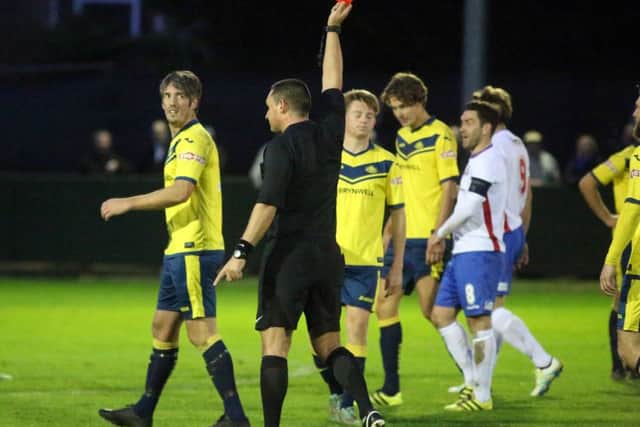 Brett Poate sees red at Rushden & Diamonds. Picture: Alison Bagley