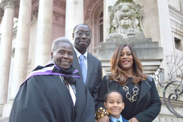 Karen Blackett, OBE, right, with, from left, her mother Juanita Blackett, her  brother Julian Cumberbatch, and her son Isaac Blackett-Best
