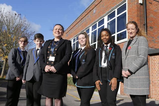 Alannah Andrew 11, Joshua Hills 11, principal Natalie Sheppard, Connie Cole 15 , Precious Selokela 15 and Cllr Hannah Hockaday at Portsmouth Academy
Picture: Habibur Rahman