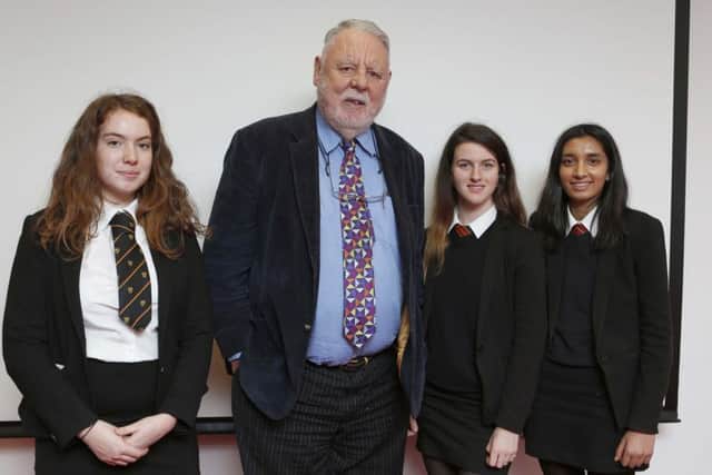 Terry Waite with students Ellie Williams-Brown, 17, Loren Dean, 18, and Shree Patel, 17   Picture :  Habibur Rahman