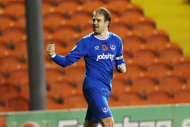 Brett Pitman celebrates Pompey's winner at Blackpool. Picture: Joe Pepler