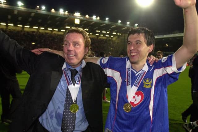 Harry Rednapp, left, celebrates with Svetoslav Todorov after Pompey captured the Division One title
