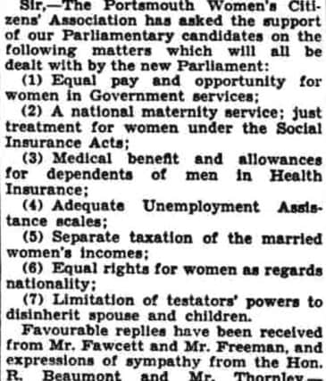 Letter from Dorothea published in the Portsmouth Evening News, November 12, 1935.