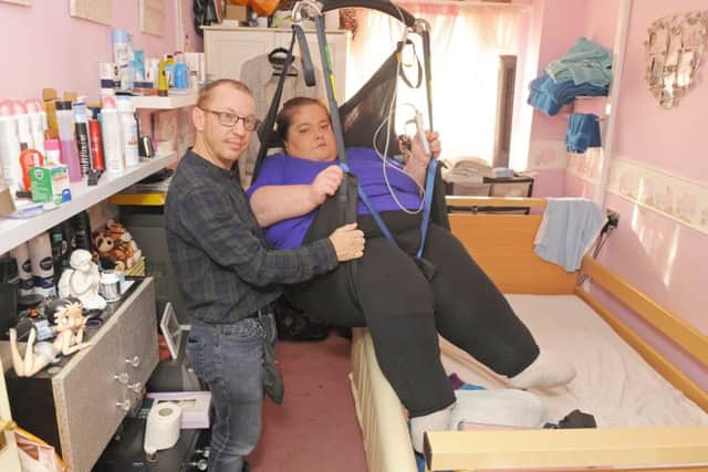 Sarah Allen (37) who lives in Landport, Portsmouth, Hampshire is supported by her Fiance and carer Adam Ghent (39)
Picture: Malcolm Wells (171027-7366)