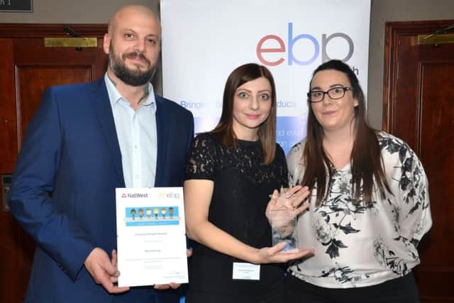 biz ebp awards 2017
20 Years of Amazing People
caption: Mountjoy winners of outstanding contribution to education business partnerships award collected by (from the left) John Williams, Melissa Kamenica and Sophie Brunt.
Mountjoy won amazing large business - outstanding contribution to education business partnerships - Sponsored by Natwest