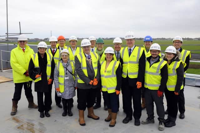 Fareham Borough Council leader Sean Woodward, mayor and mayoress Cllr Geoff  and Tina Fazackarley, with other councillors at the topping out Picture: Malcolm Wells (171120-8909)