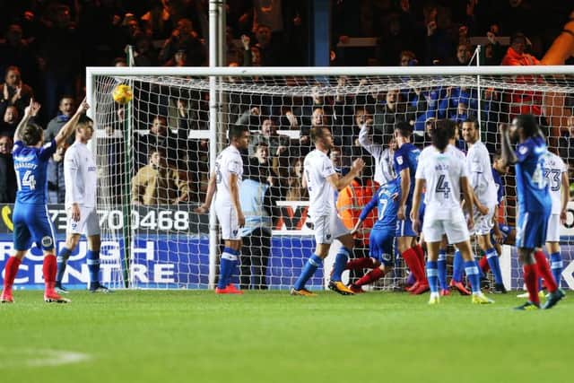 Pompey concede the second goal at Peterborough. Picture: Joe Pepler