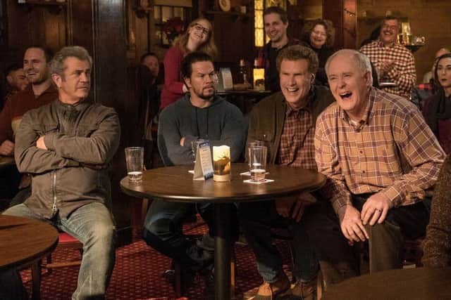 Mel Gibson as Kurt Mayron, Mark Wahlberg as Dusty Mayron, Will Ferrell as Brad Taggart and John Lithgow as Don Taggart in Daddy's Home 2. Picture: PA Photo/Paramount Pictures/Claire Fogler.