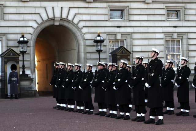 Sailors took part in the Changing of the Guard at Buckingham Palace for the first time in the Royal Navy's history